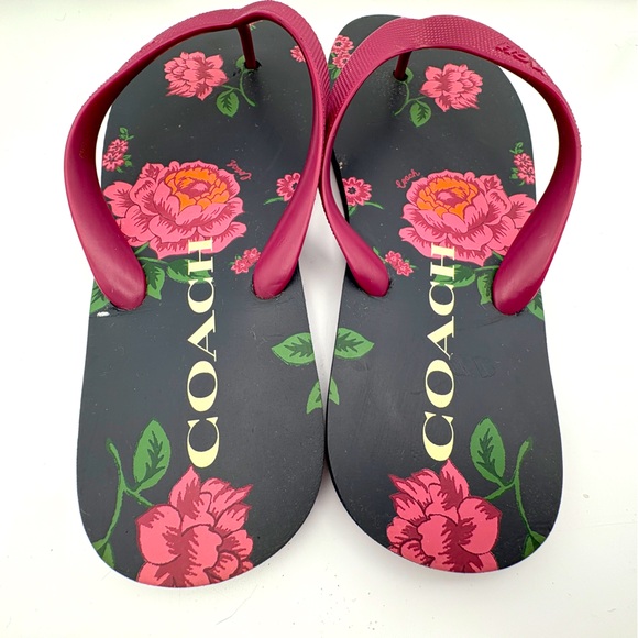 Coach Black and Burgundy with Pink Floral Flip Flop Sandals 8 - Picture 8 of 9